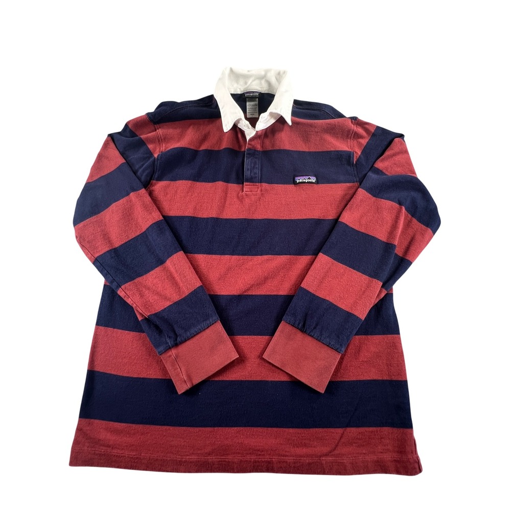 Patagonia Mens Organic Cotton Rugby Shirt Navy Red Striped Long Sleeve Large